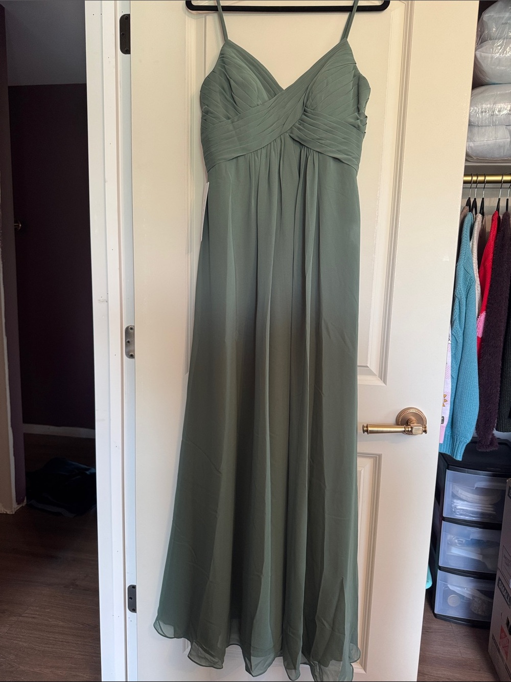 Azazie Olive Green Chiffon Spaghetti-Strap Maxi Dress